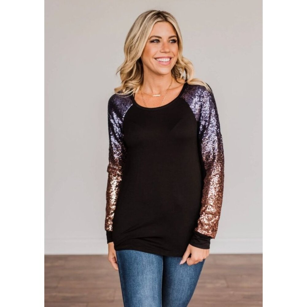 Shine Bright Raglan Sequin Sleeve Knit‎ Top Size S Shirt Tunic Evening Party